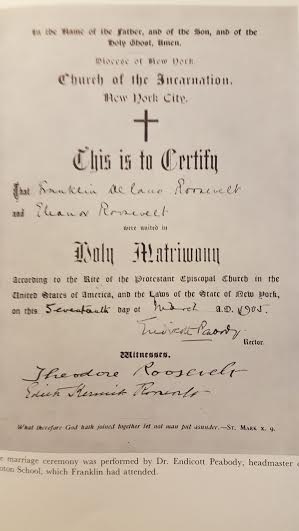 The incumbent President and First Lady, Theodore and Edith Roosevelt signed the marriage certificate of future President and First Lady, Franklin and Eleanor Roosevelt. (FDRL)