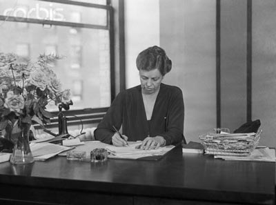 Eleanor Roosevelt working at her desk in the late 1920s. (International News Photo)