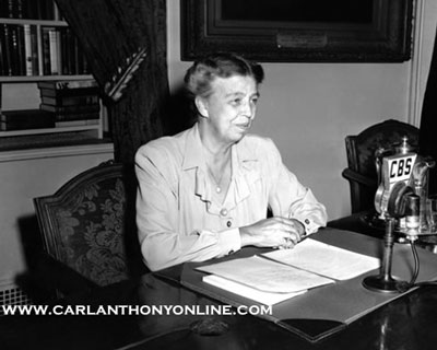 Eleanor Roosevelt speaking on the radio from the White House broadcast room. (carlanthonyonline.com)