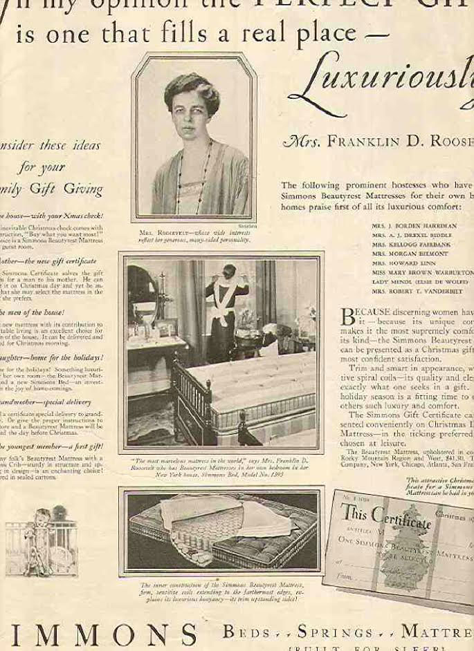 A magazine advertisement for Simmons mattress, one of the First Lady’s radio sponsors, using her name and face to sell its products. (pinteret)