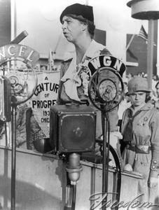 Eight months after becoming First Lady, Eleanor Roosevelt delivered a speech before a multitude of microphones that carried her remarks to the nation, via radio. (Getty)