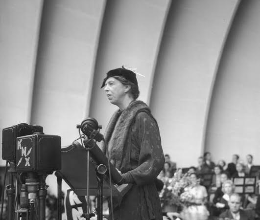 Eleanor Roosevelt addressing a large crowd at the Hollywood Bowl. (UCLA)