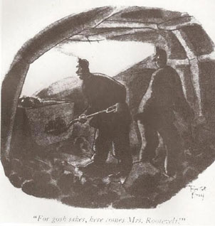 The famous New Yorker cartoon depicting coal miners as they react to the appearance of the First Lady descending towards them. (The New Yorker)