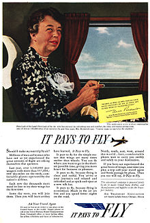 The airline industry advertisement Eleanor Roosevelt appeared in as a paid endorsement. (ebay)