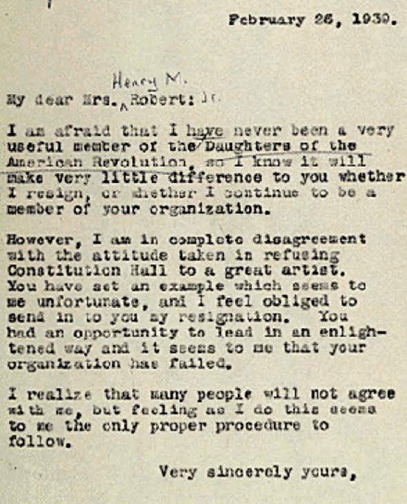 A draft of Eleanor Roosevelt’s resignation letter from the DAR over its decision to adhere to segregation laws and refuse to permit African-American singer Marian Anderson perform in its auditorium. (FDRL)