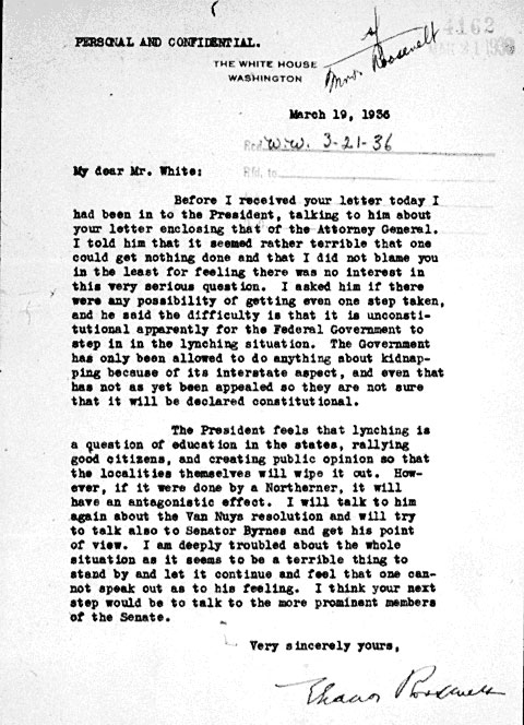 Eleanor Roosevelt’s frustration at not being able to prompt the President into action against lynching in the South is evident in her letter on the matter to the NAACP’s Walter White. (FDRL)