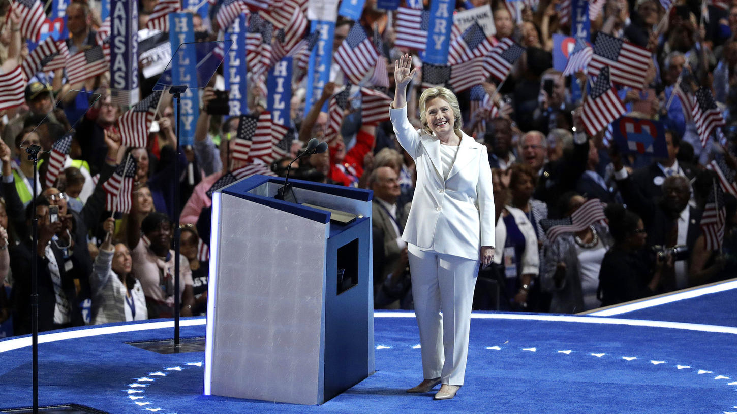 Hillary Clinton making her acceptance speech at the 2016 Democratic National Convention. (Los Angeles Times)