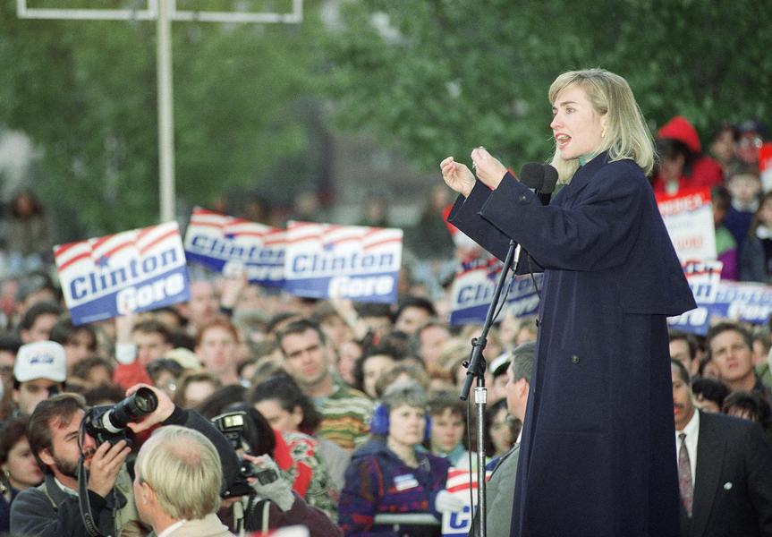 Hillary Clinton addressing crowds during the 1992 campaign. (Getty)