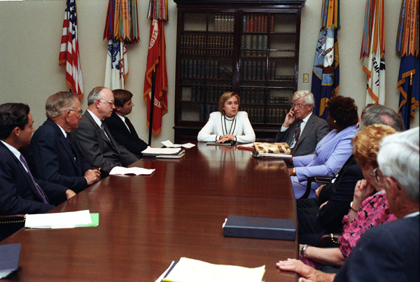 Hillary Clinton leads a meeting with a Texas Medical Center delegation June 22 1993 as part of her health care reform leadership work. (WJCPL).