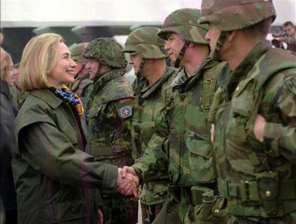 Hillary Clinton greets troops at Tuzla air base, Bosnia, March 25, 1996. (WJCPL)
