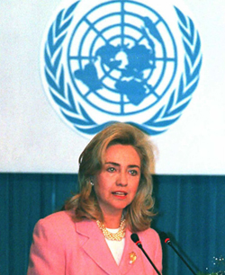 Hillary Clinton delivering her historic 1995 UN Conference on Women speech in China. (Getty)