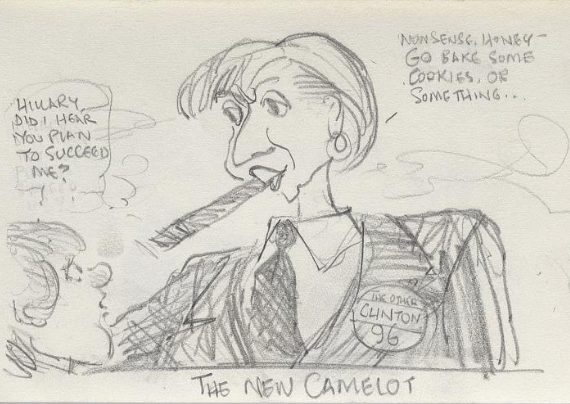 A cartoon drawing satirizing Hillary Clinton's overt political role as First Lady, suggesting that the second Clinton term would have her serving as President. (National Portrait Gallery)
