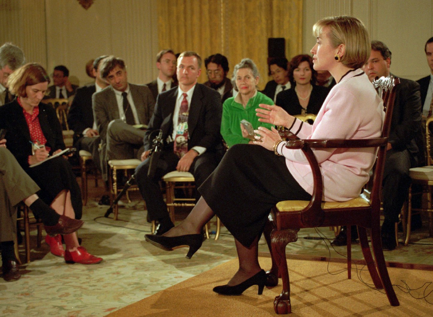 Hillary Clinton's 1994 "pink press conference" addressing the Whitewater scandal and her windfall profits in cattle future trading. (Politifact)