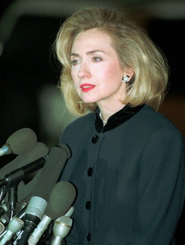 Hillary Clinton answers media questions following her 1996 grand jury testimony. (Getty)