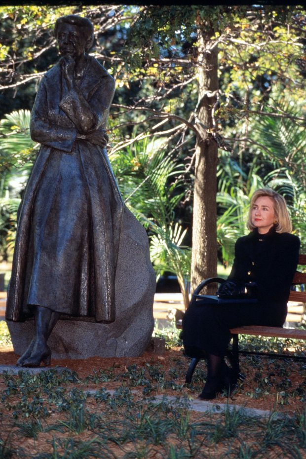 A contemplative Hillary Clinton following her unveiling of a statue of Eleanor Roosevelt in 1996, standing in New York's Riverside Park. (Getty)