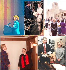 Among the historic sites and items Hillary Clinton's council helped save were (clockwise) the original Star Spangled Banner flag, an Iroquois Nation longhouse and native American Indian crafts, the San Esteban del Rey and Acoma Pueblo, Frank Lloyd Wright's home and Louis Armstrong's trumpet. (WJCPL)
