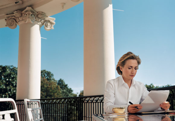 Hillary Clinton working on the South Portico. (Vanity Fair)