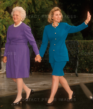 Barbara Bush welcomes Hillary Clinton to the White House for a private tour, following the election defeat of the former's husband by the latter's husband. (Getty)