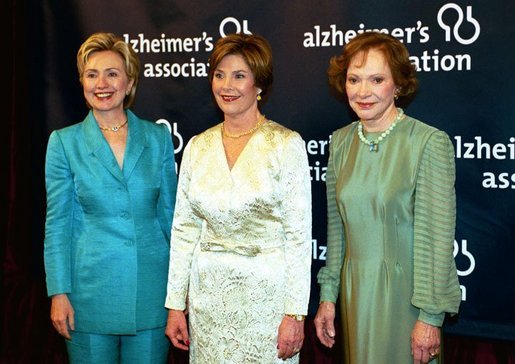Hillary Clinton joined Laura Bush and Rosalynn Carter at a 2004 Alzheimer's Foundation fundraiser gala. (Getty)