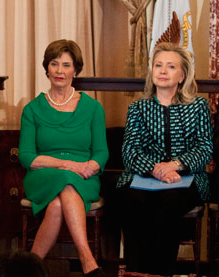 Hillary Clinton and Laura Bush at a 2012 Georgetown University ceremony where both were given awards for their leadership on the issue of equality for Afghani women. (Georgetown University)