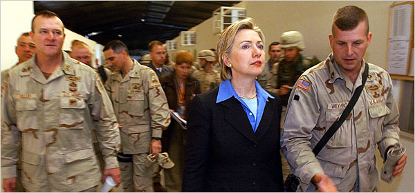 Senator Clinton making a 2003 visit to troops in Iraq. (New York Times)
