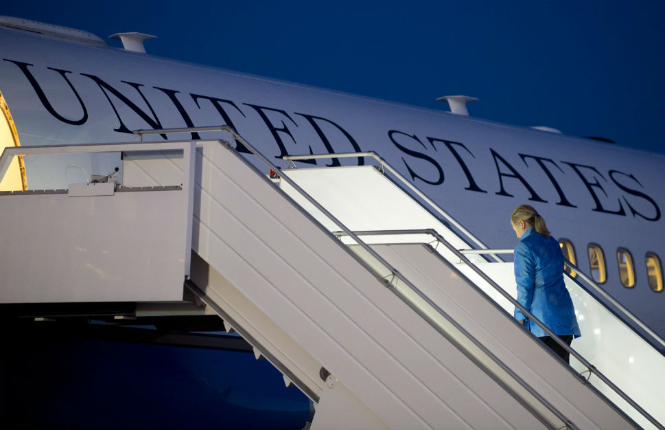 Hillary Clinton departing for another part of the world; she proved to be the nation's most widely-travelled Secretary of State. (foreignpolicy.com)