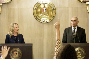Secretary Clinton and Egyptian Foreign Minister Mohamed Kamel Amr hold a joint press conference in Cairo on July 14, 2012. (Getty)