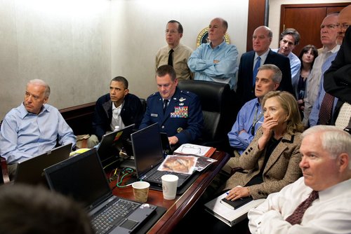 Secretary Clinton joined President Obama and other high-ranking figures in watching a real-time transmission of the capture of Bin Laden. (WH)