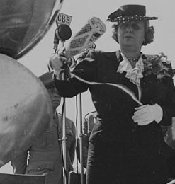 Mrs. Truman at the ceremony where she tried to christen a naval plane with a champagne bottle that had not been properly prepared. (National Archives)