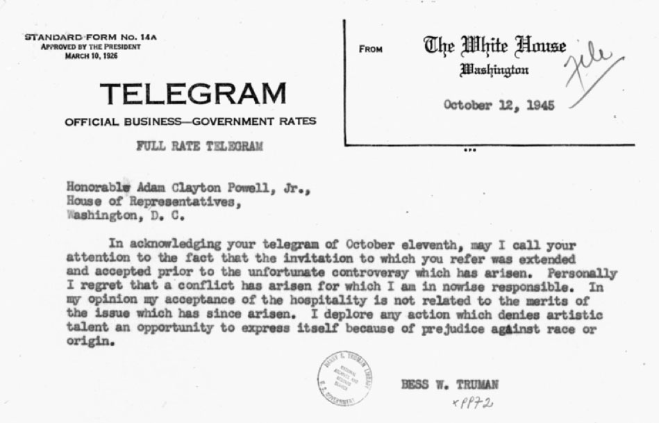 Bess Truman’s telegram to Adam Clayton Powell. (HSTL)