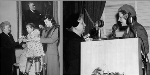 Mrs. Truman accepts an award from The Community Chest, and poses with a girl afflicted by polio for the March of Dimes (original source unknown; HSTL)