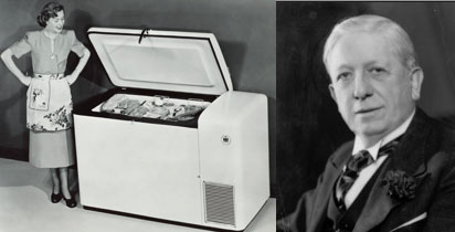 Senator Hoey and a large deep freezer of the type given Mrs. Truman. (Wikipedia; pinterest)