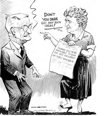 One of the few cartoons depicting Bess Truman illustrated her determination that the President must not seek another term. (HSTL)